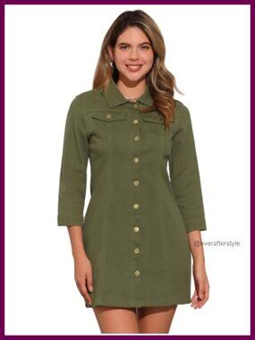 Fitted Mini Denim Shirt Dress 3/4 Sleeve Button Up Collared Jean Dress